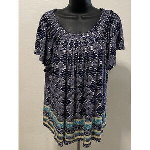 Style & Co Pleated Top Blouse Women Size XL Short Sleeve Geometric Stretch